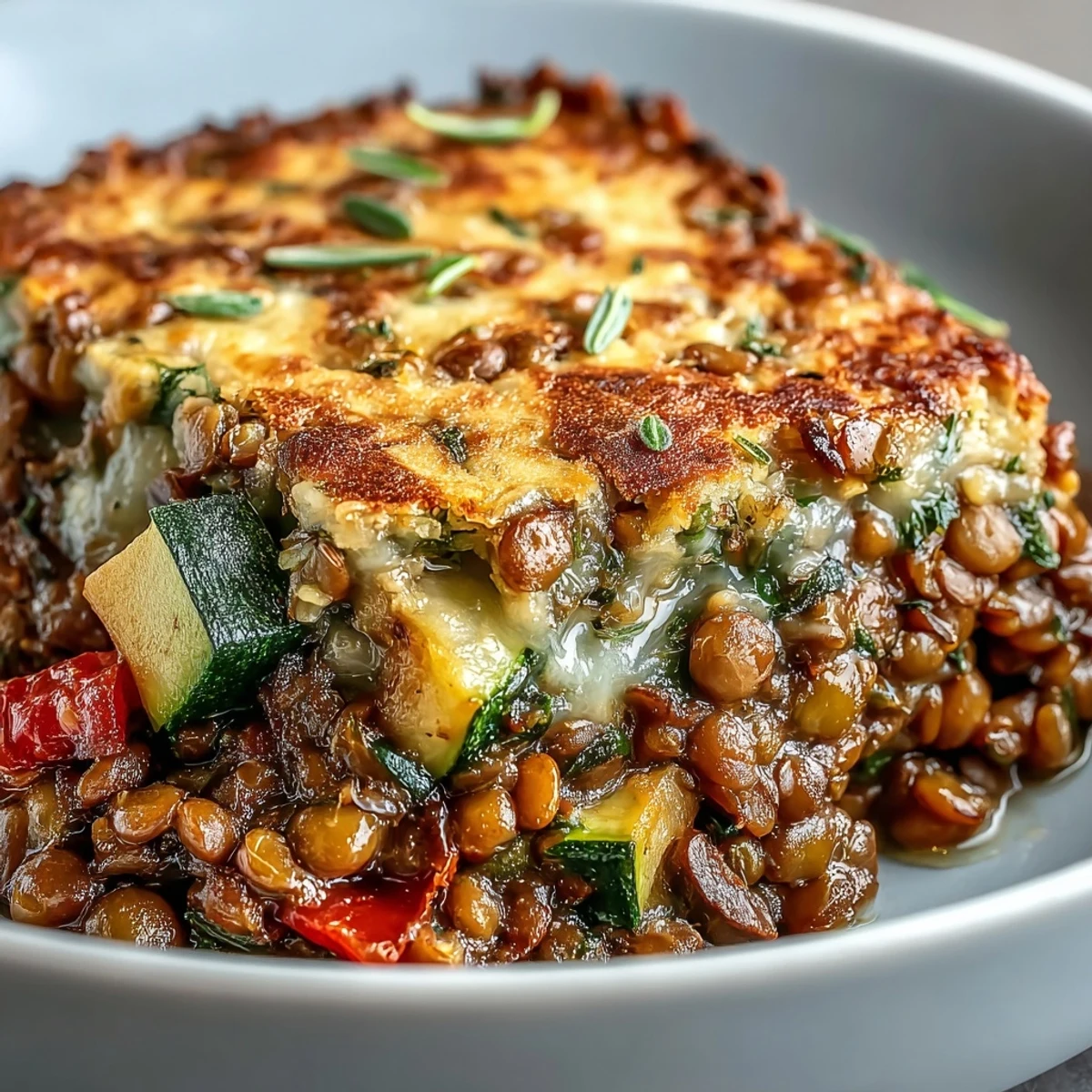 Golden-brown Green Lentil and Vegetable Casserole fresh from the oven, served in a rustic dish.