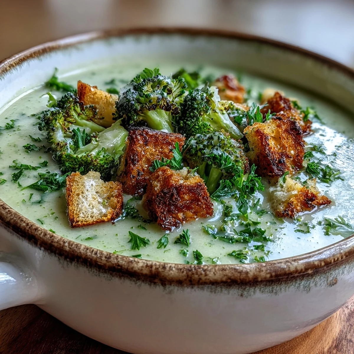 Creamy Cauliflower and Broccoli Soup topped with golden croutons and fresh parsley in a rustic bowl.