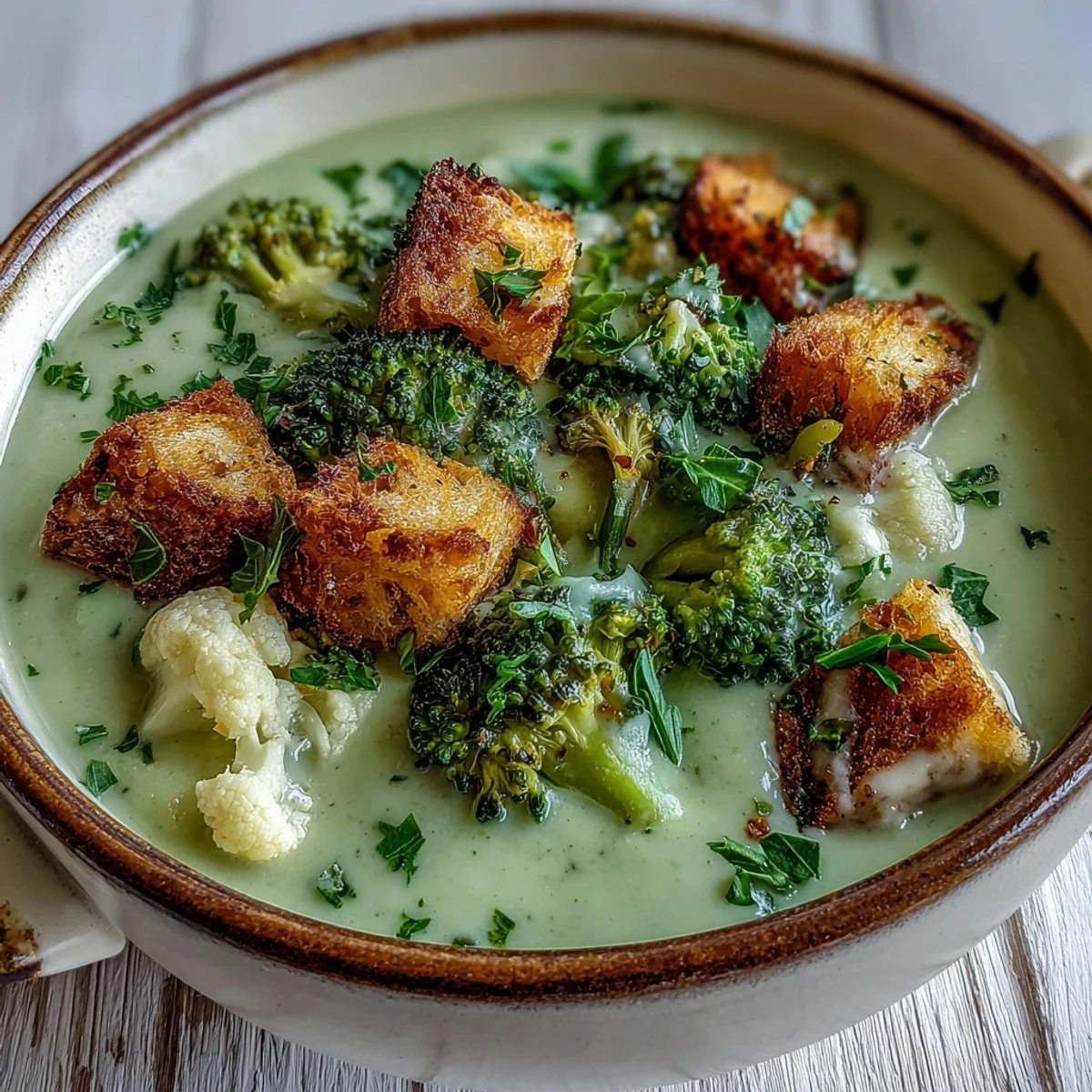 A warm bowl of Cauliflower and Broccoli Soup garnished with cheese and herbs, steaming on a table.