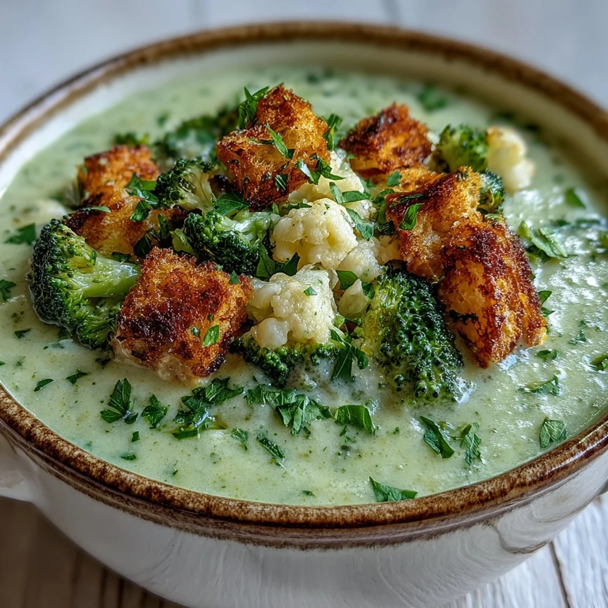Homemade Cauliflower and Broccoli Soup served with crunchy croutons, perfect for a cozy vegetarian dinner.