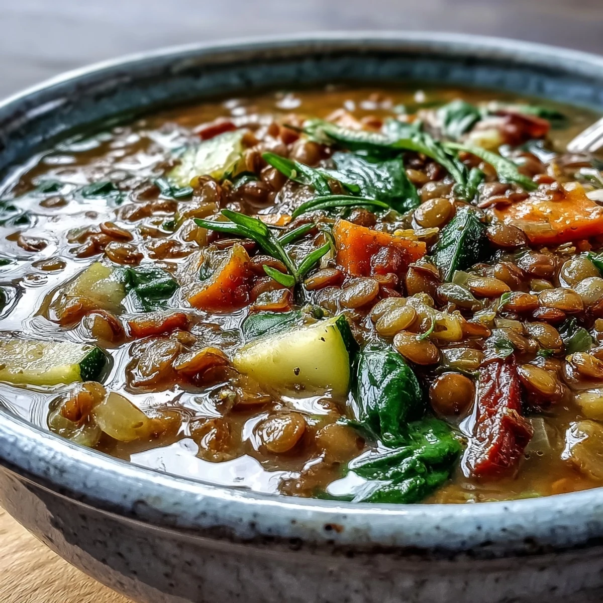Steaming bowl of homemade Lentil Soup, filled with chunky carrots, celery, and wilted spinach in a savory broth.