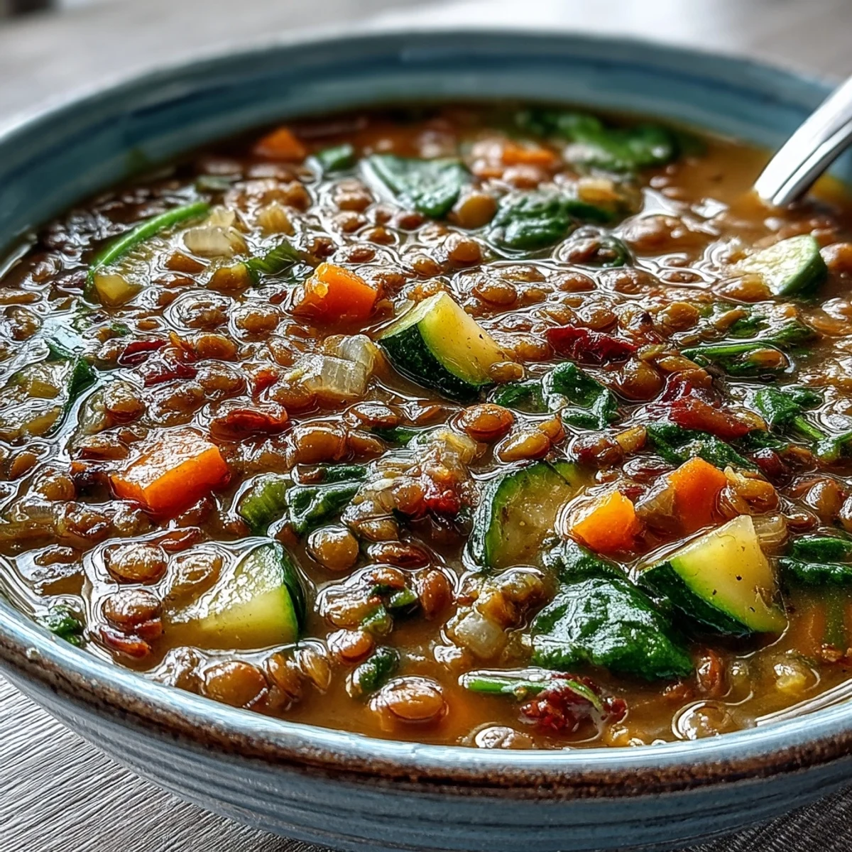 A nourishing single serving of hearty Lentil Soup beside crusty bread, ready for a comforting lunch or dinner.