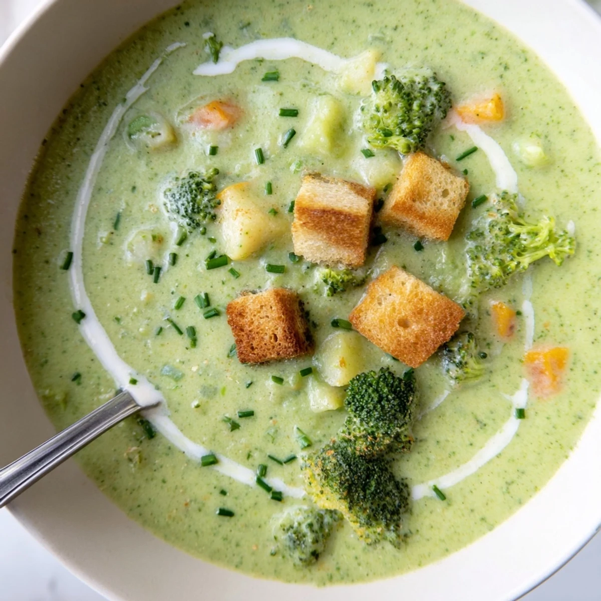 Creamy broccoli soup simmering in a pot with vibrant green florets and golden carrots.