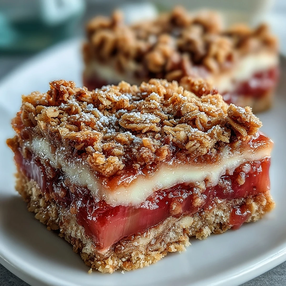 A square pan of Rhubarb and Custard Crumble Bars with golden oat crumble topping and pink rhubarb filling.