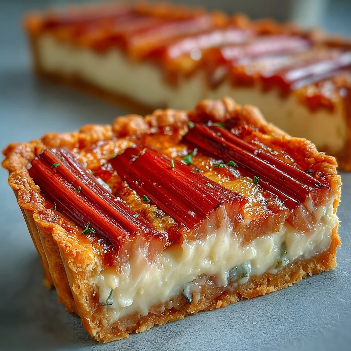 Golden tart crust cradles white chocolate and elderflower custard, topped with bright pink rhubarb batons for spring.