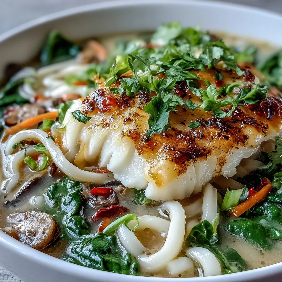 Poached Cod with Spiced Coconut Broth and Udon Noodles served in a rustic bowl, flanked by chopsticks and a crisp white wine.