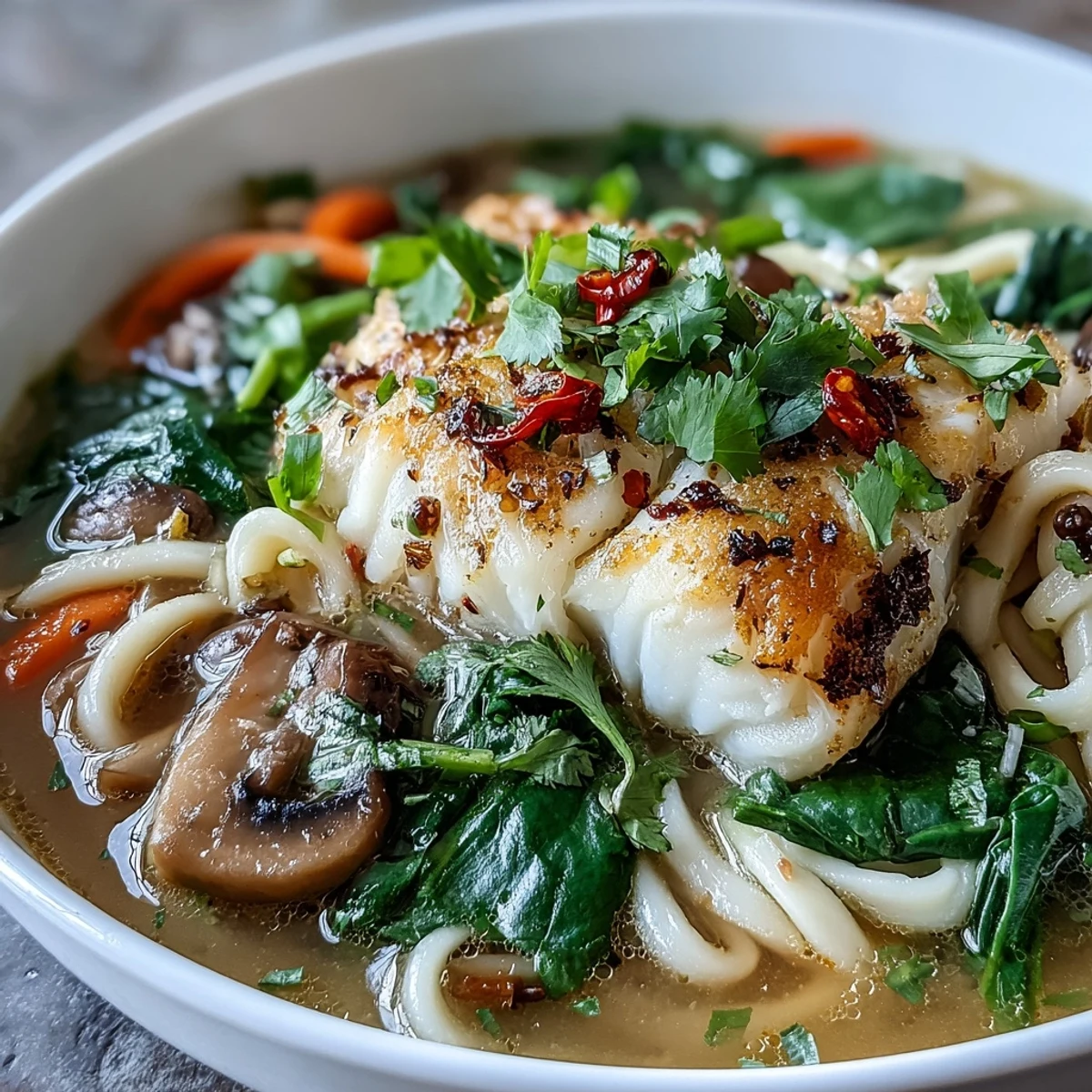 Overhead view of Poached Cod with Spiced Coconut Broth and Udon Noodles, featuring vibrant carrots, mushrooms, and fresh cilantro garnish.