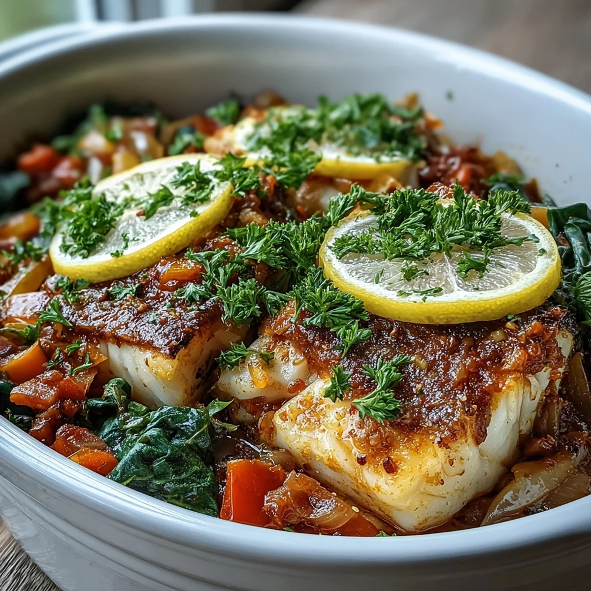 Close-up of a serving of Spiced Cod One Pot, featuring flaky cod and vegetables in tomato broth, ready to be eaten.