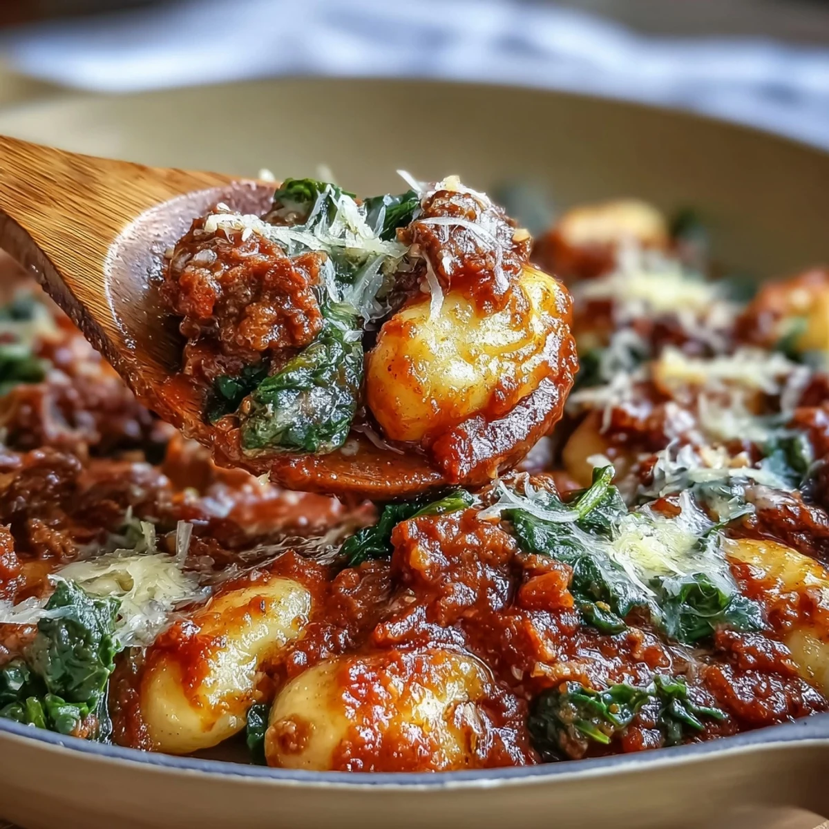 Plated Sausage Gnocchi with Kale features pillowy dumplings in a rich red sauce topped with fresh basil.