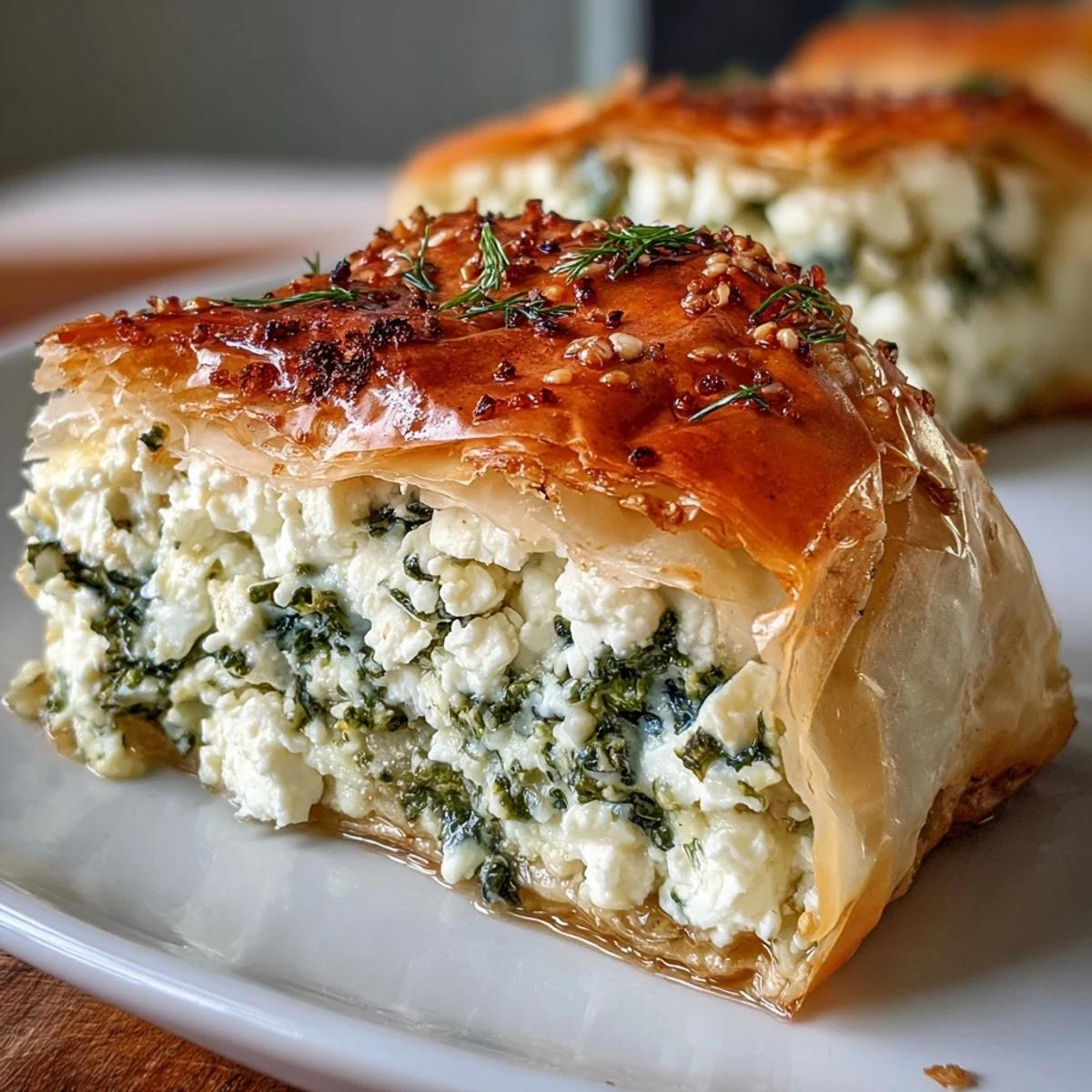 Feta and Kale Börek features golden, flaky filo pastry layers enclosing a savory blend of wilted kale and creamy feta cheese.