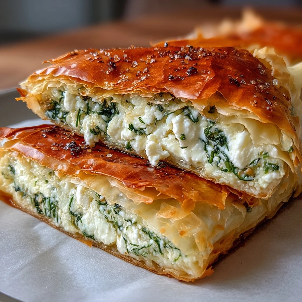 Golden-brown Feta and Kale Börek slices are plated on a rustic board, garnished with fresh dill for a savory appetizer.