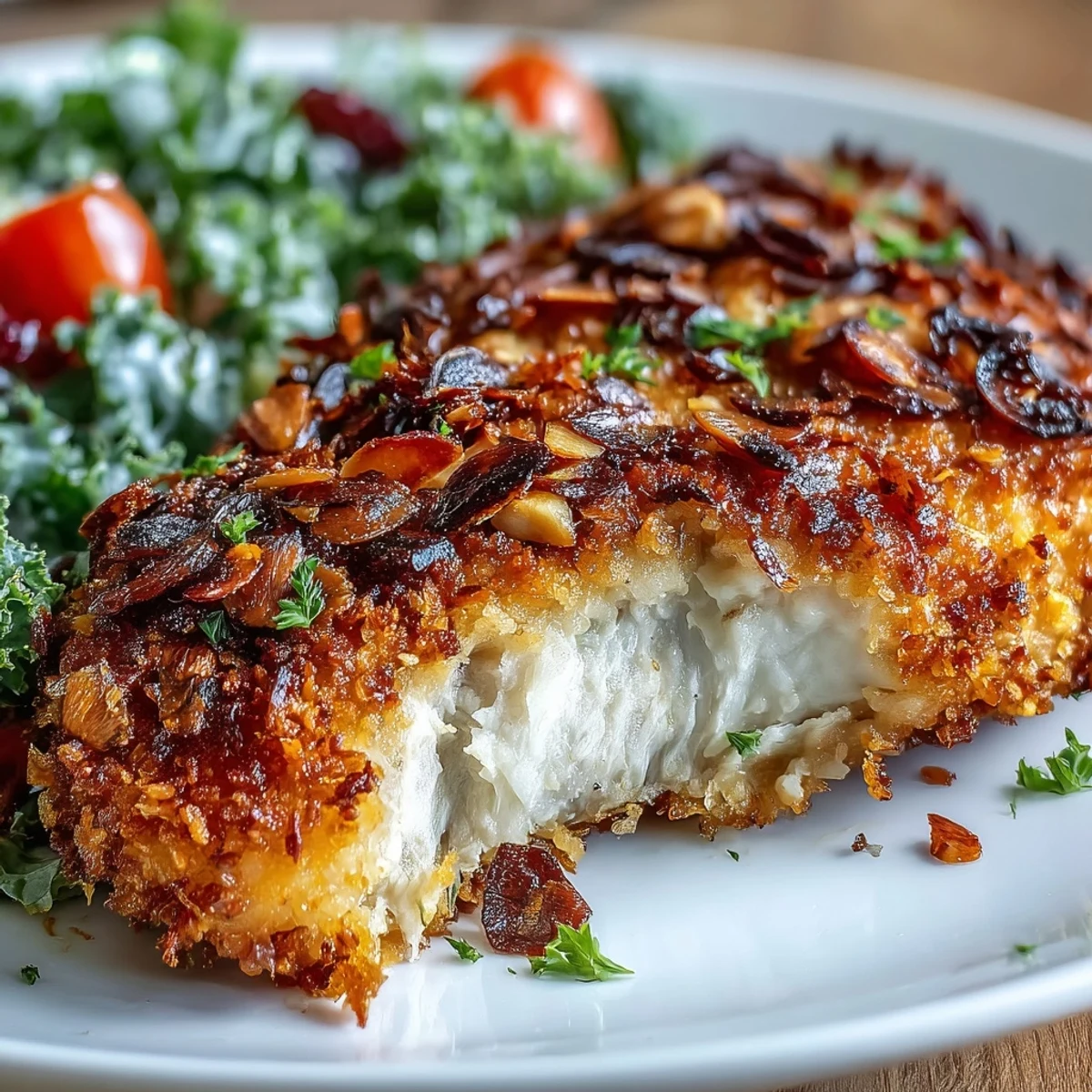 Golden-brown almond-crusted chicken breast rests beside a vibrant kale salad dotted with cherry tomatoes and red onion.