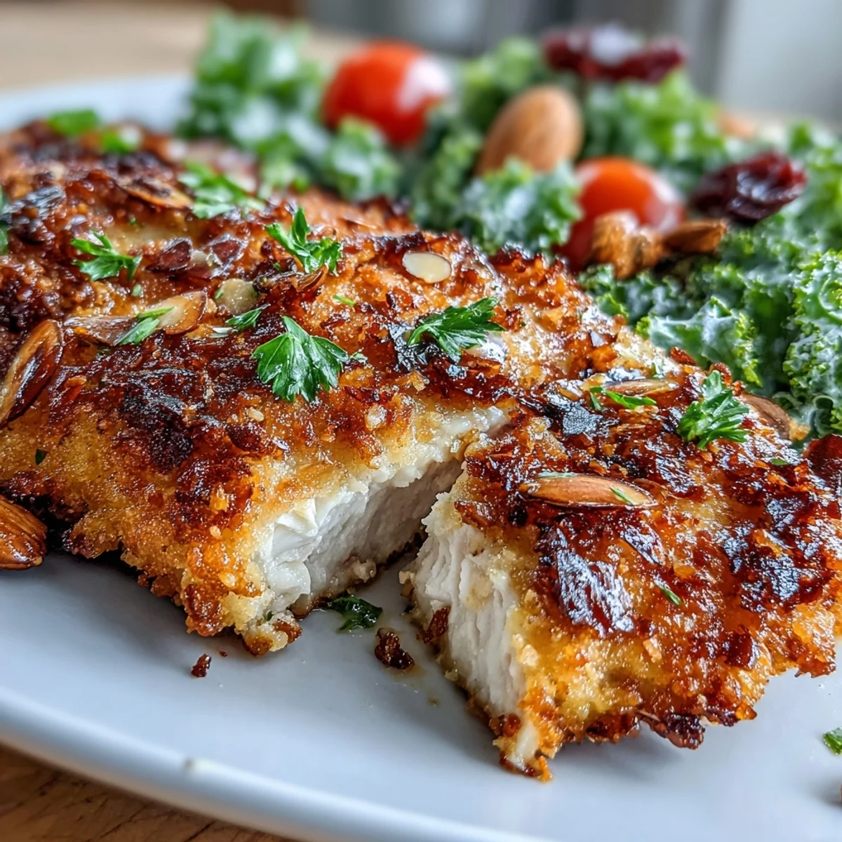 Fried almond-crusted chicken is served warm next to a fresh kale salad featuring sumac and parsley.