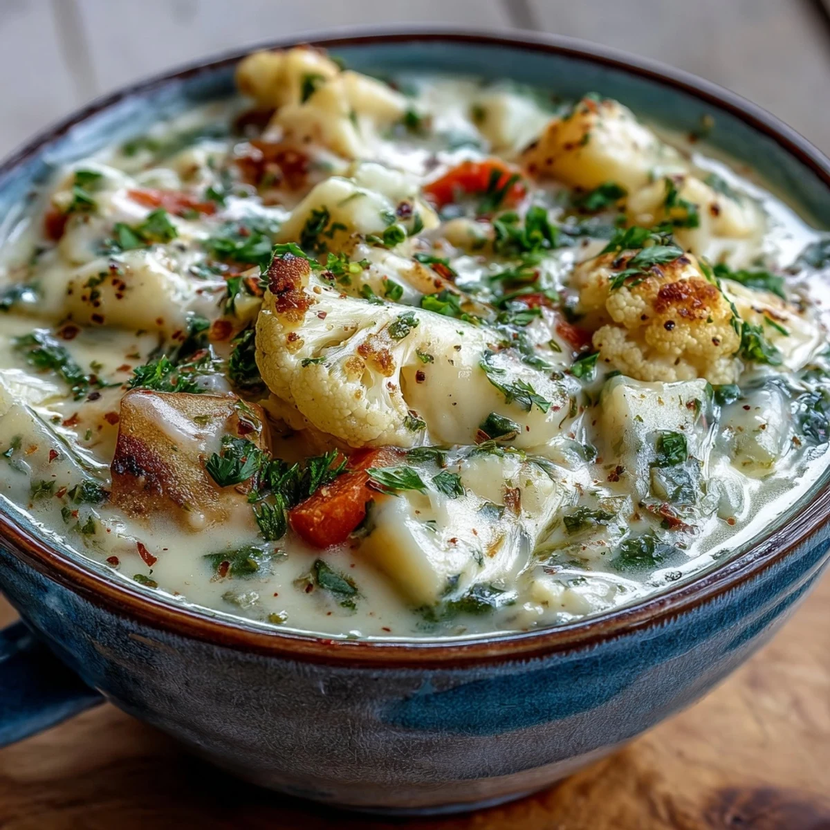 Golden Vegetarian Cauliflower Chowder steaming in a rustic bowl, topped with fresh parsley and melted cheddar cheese.