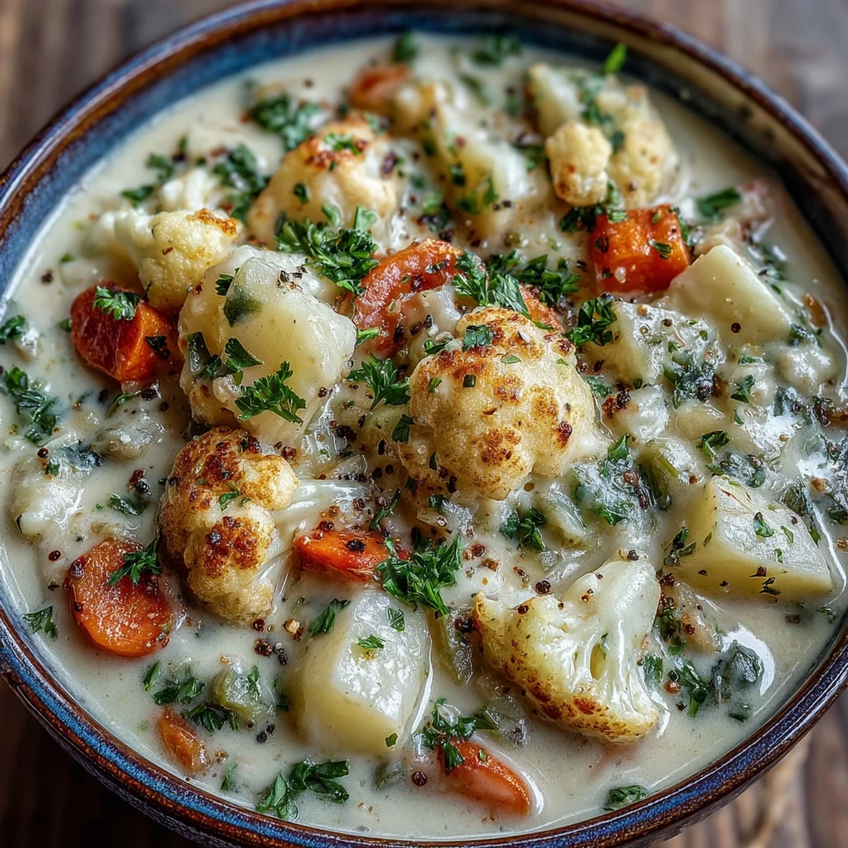 Creamy Vegetarian Cauliflower Chowder with tender cauliflower, potatoes, and carrots served alongside toasted sourdough bread for dipping.