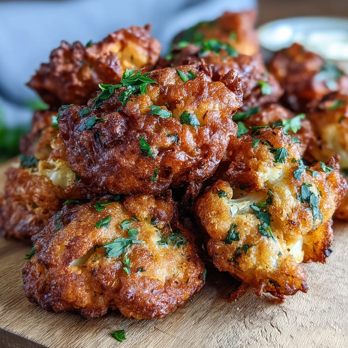 Freshly fried Cauliflower Bhajis with visible chickpea flour coating and spices, paired with a cooling yogurt dip.