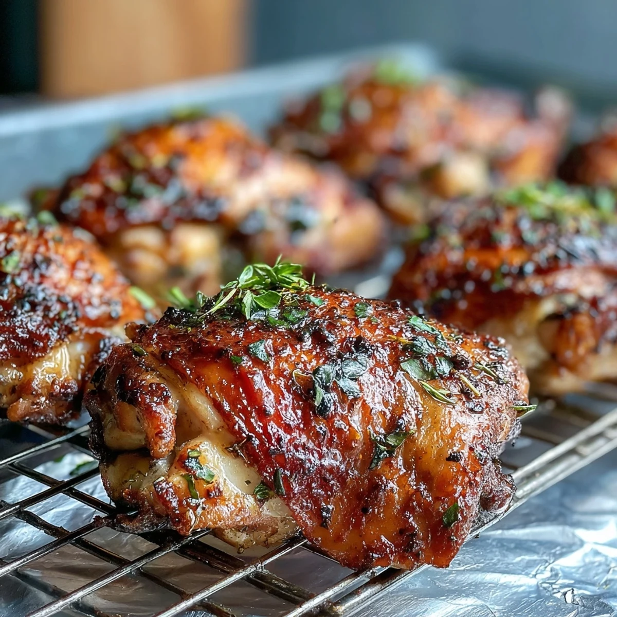 Crispy baked bone-in chicken thighs with golden, crackling skin rest on a wire rack, garnished with fresh parsley and lemon wedges.