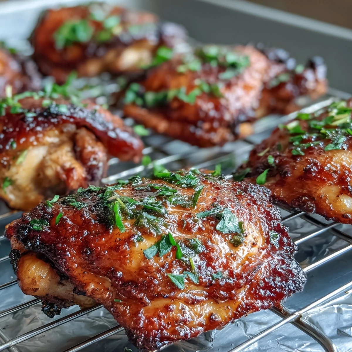 The smoky spice blend on these Crispy Baked Bone-In Chicken Thighs creates a rich aroma, with juicy dark meat visible beneath the crisp skin.