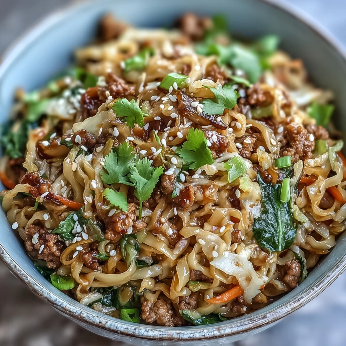A steaming bowl of Potsticker Noodle Bowls, topped with fresh herbs, lime wedges, and colorful vegetables for a quick family dinner.