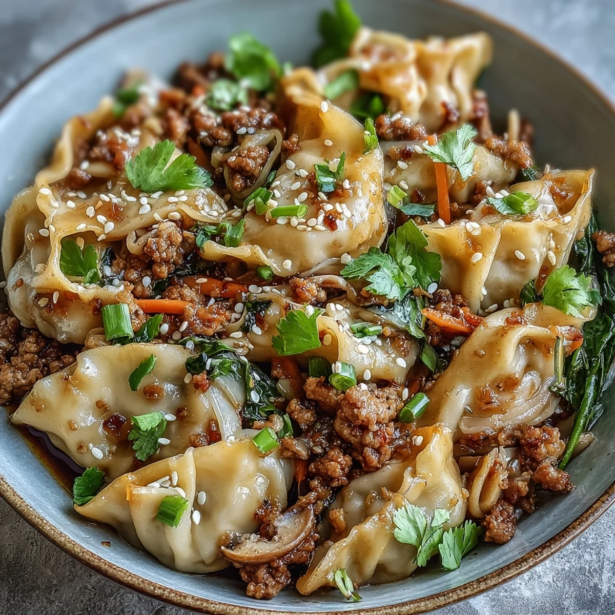 Golden noodles and seasoned pork mingle with crisp cabbage and carrots in a savory potsticker sauce, garnished with sesame seeds.