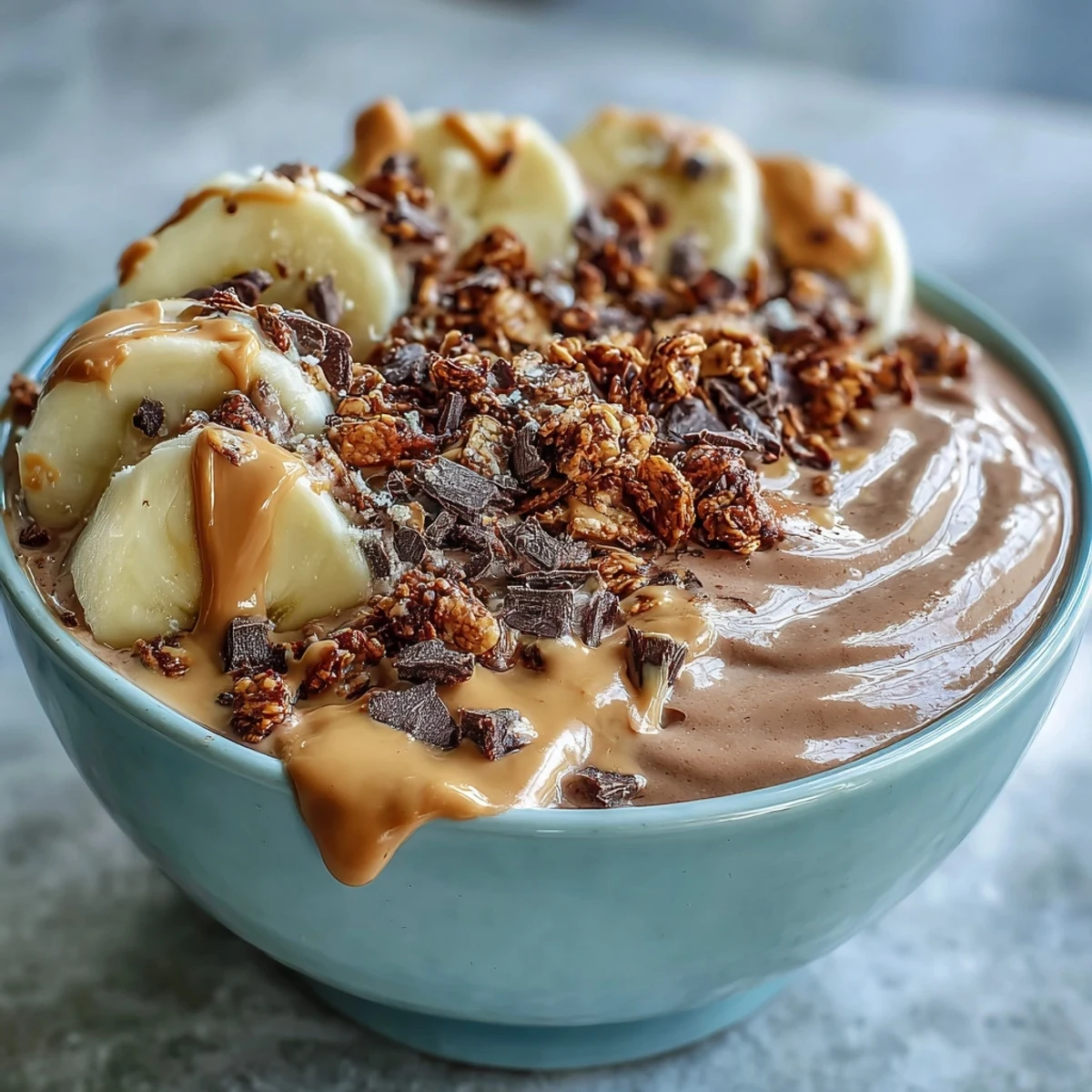 Thick Chocolate Peanut Butter Smoothie Bowl topped with banana slices, granola, and chocolate drizzle.