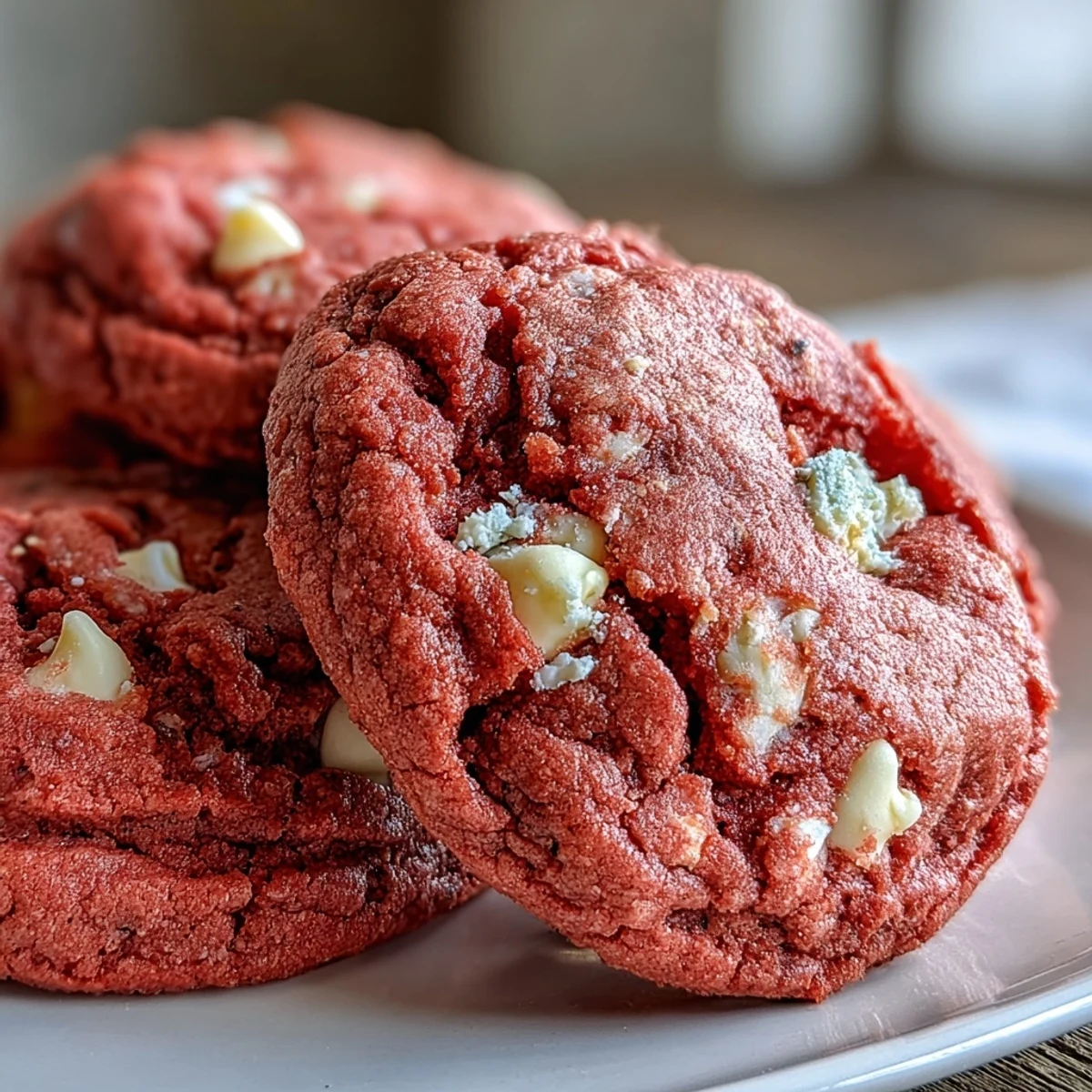 Freshly baked Pink Velvet Cookies with creamy white chocolate chips, cooling on a wire rack.