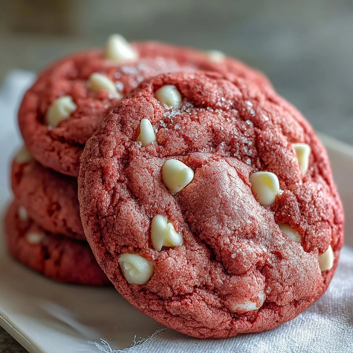 Warm Pink Velvet Cookies served on a platter with extra white chocolate chips scattered around.