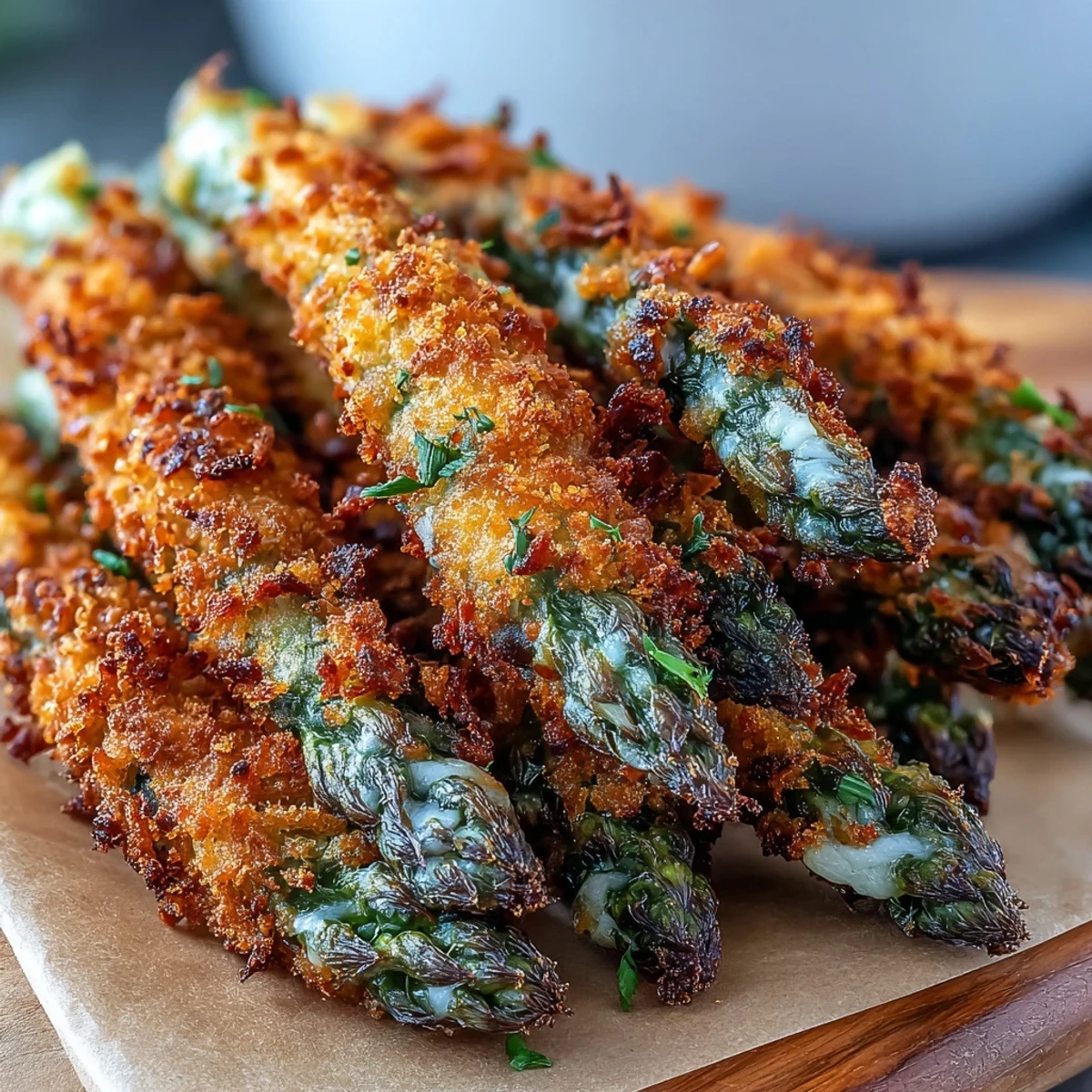 Freshly baked Crispy Asparagus Asiago Spears on a platter, crunchy outside and tender inside