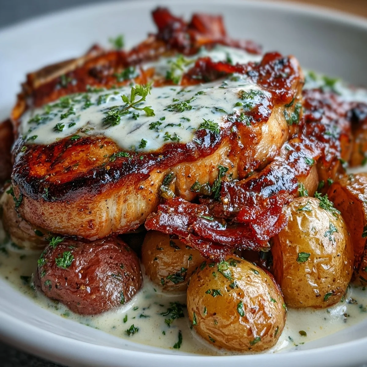 Crockpot Ranch Pork Chops served over creamy mashed potatoes with gravy.