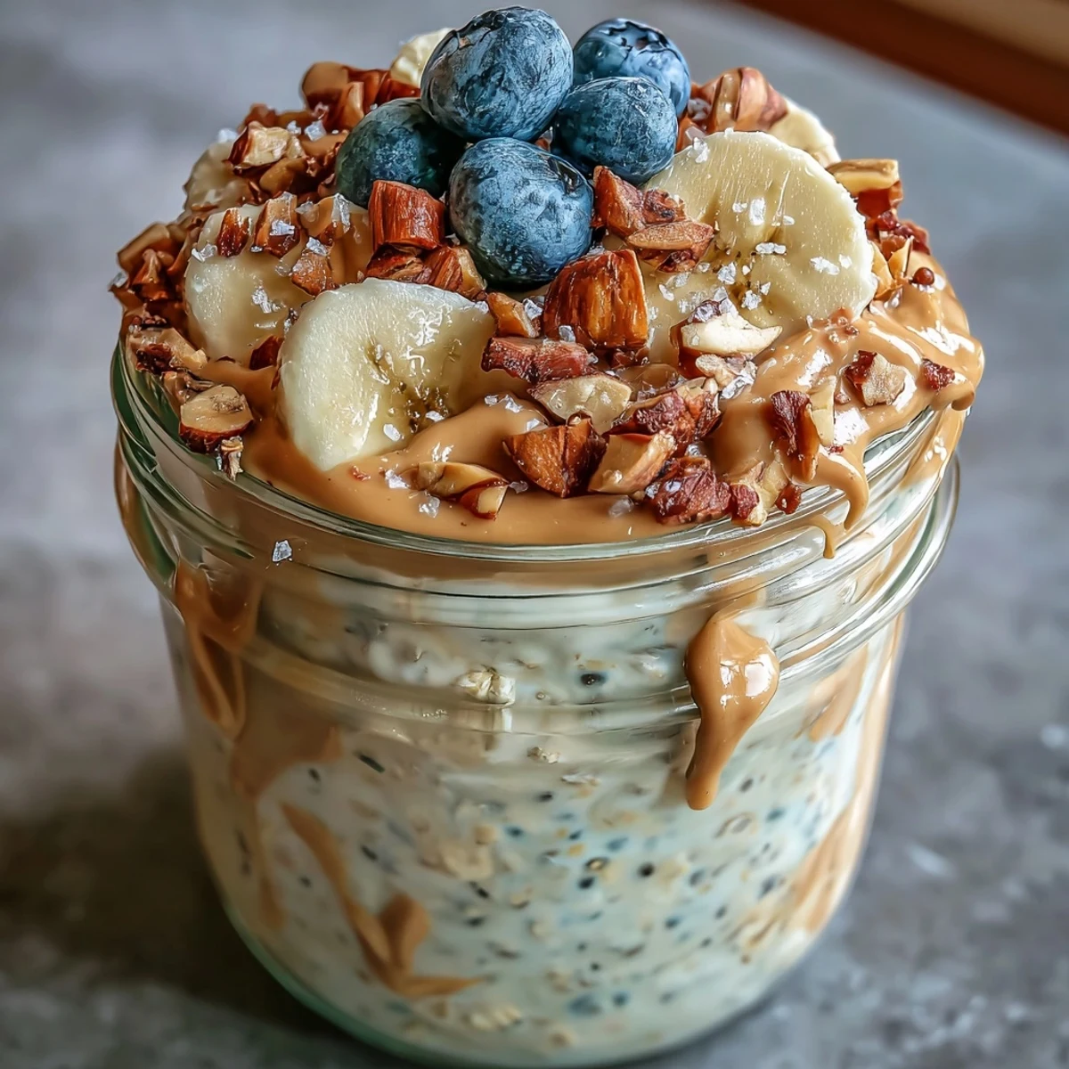 Thick High-Protein Peanut Butter Overnight Oats in a glass jar, topped with sliced bananas and chopped peanuts.
