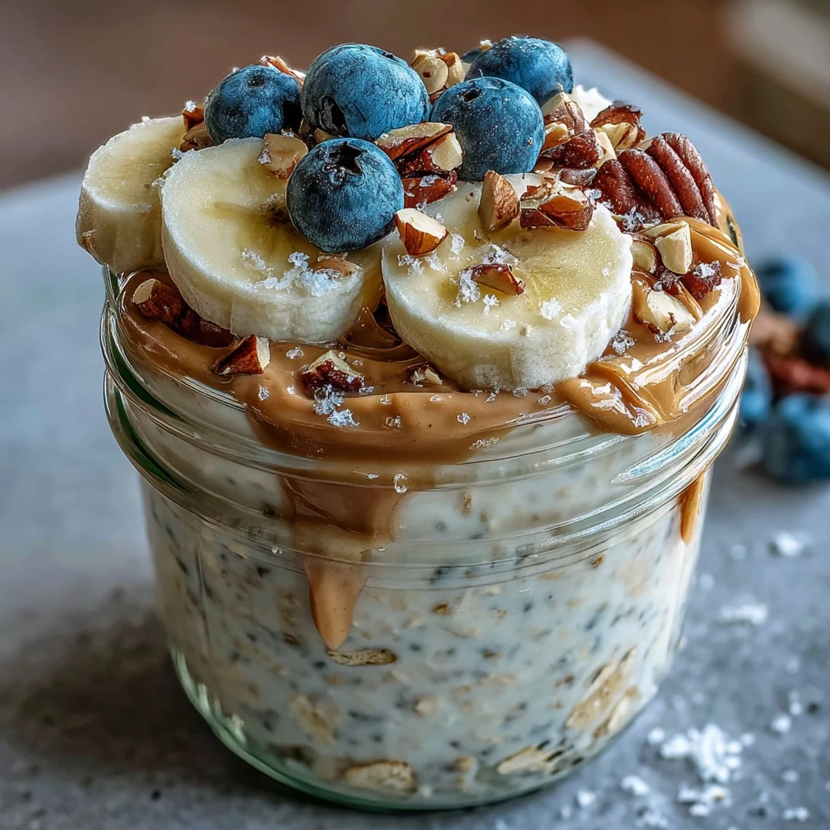 Gluten-free High-Protein Peanut Butter Overnight Oats served with fresh strawberries and a honey drizzle for an easy morning meal.
