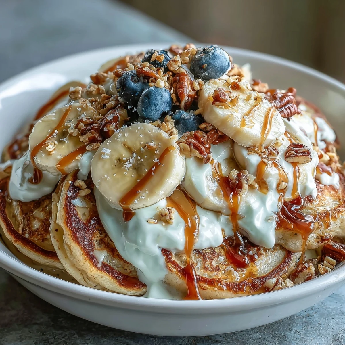 A warm, thick Protein Pancake Bowl topped with tangy Greek yogurt, fresh berries, sliced banana, chopped nuts, and a generous drizzle of honey.  