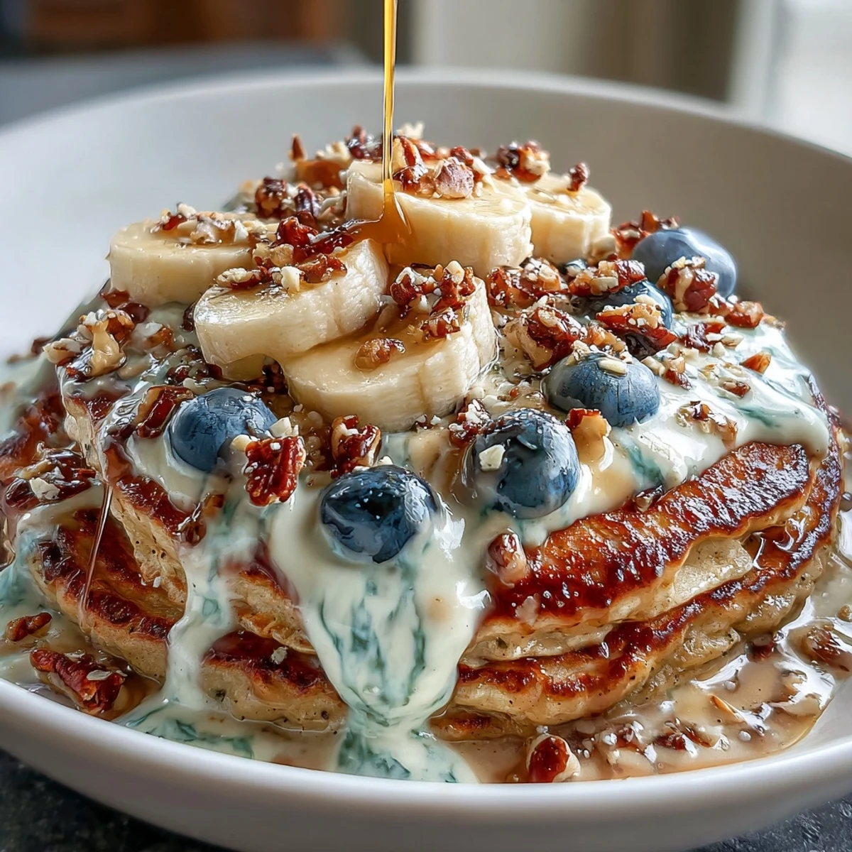 Golden Protein Pancake Bowl with creamy Greek yogurt, mixed berries, banana slices, chopped almonds, and a sweet honey drizzle, ready to enjoy.  