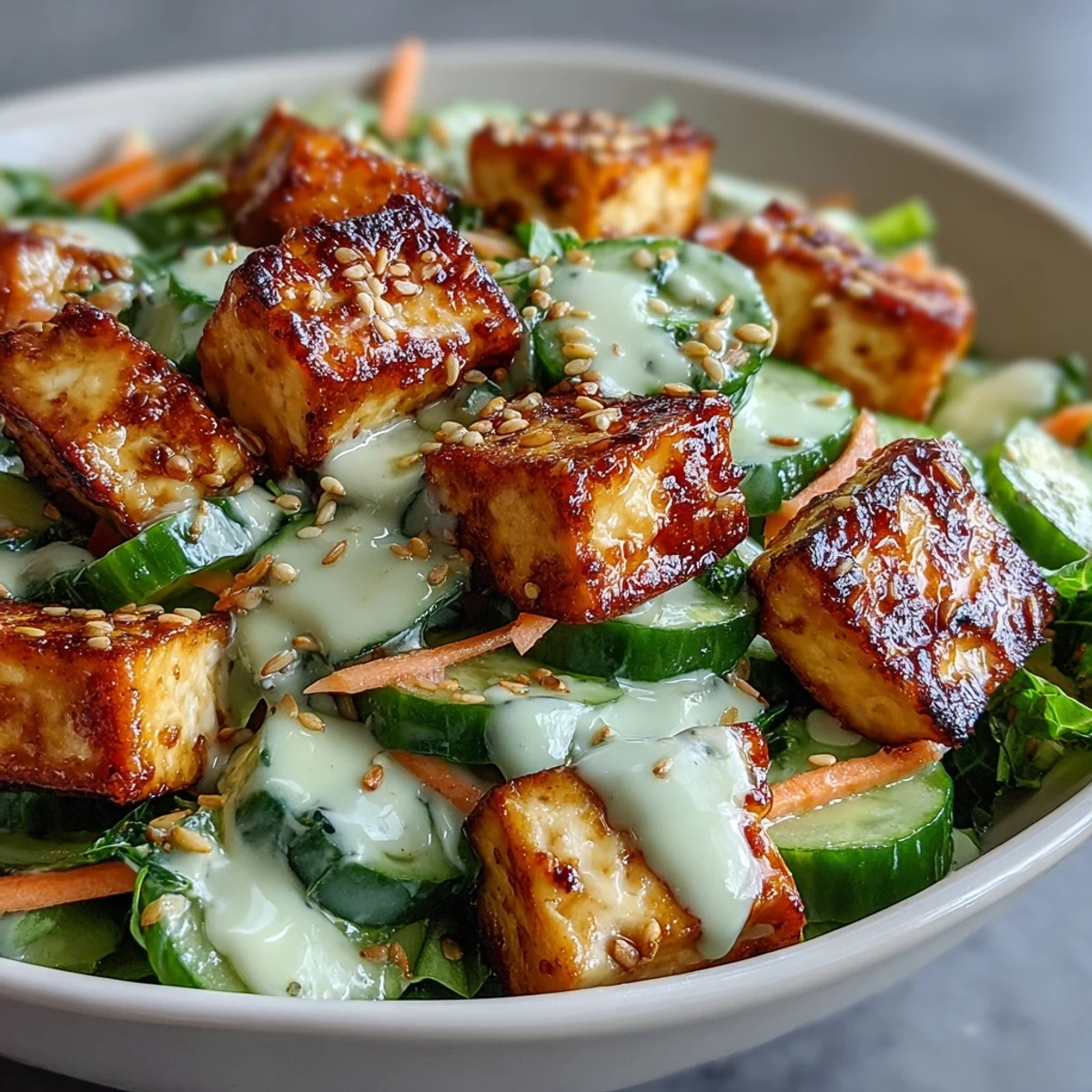 Golden, crispy tofu cubes rest atop a vibrant salad of thinly sliced cucumbers and carrots tossed in a creamy sesame-ginger dressing.  