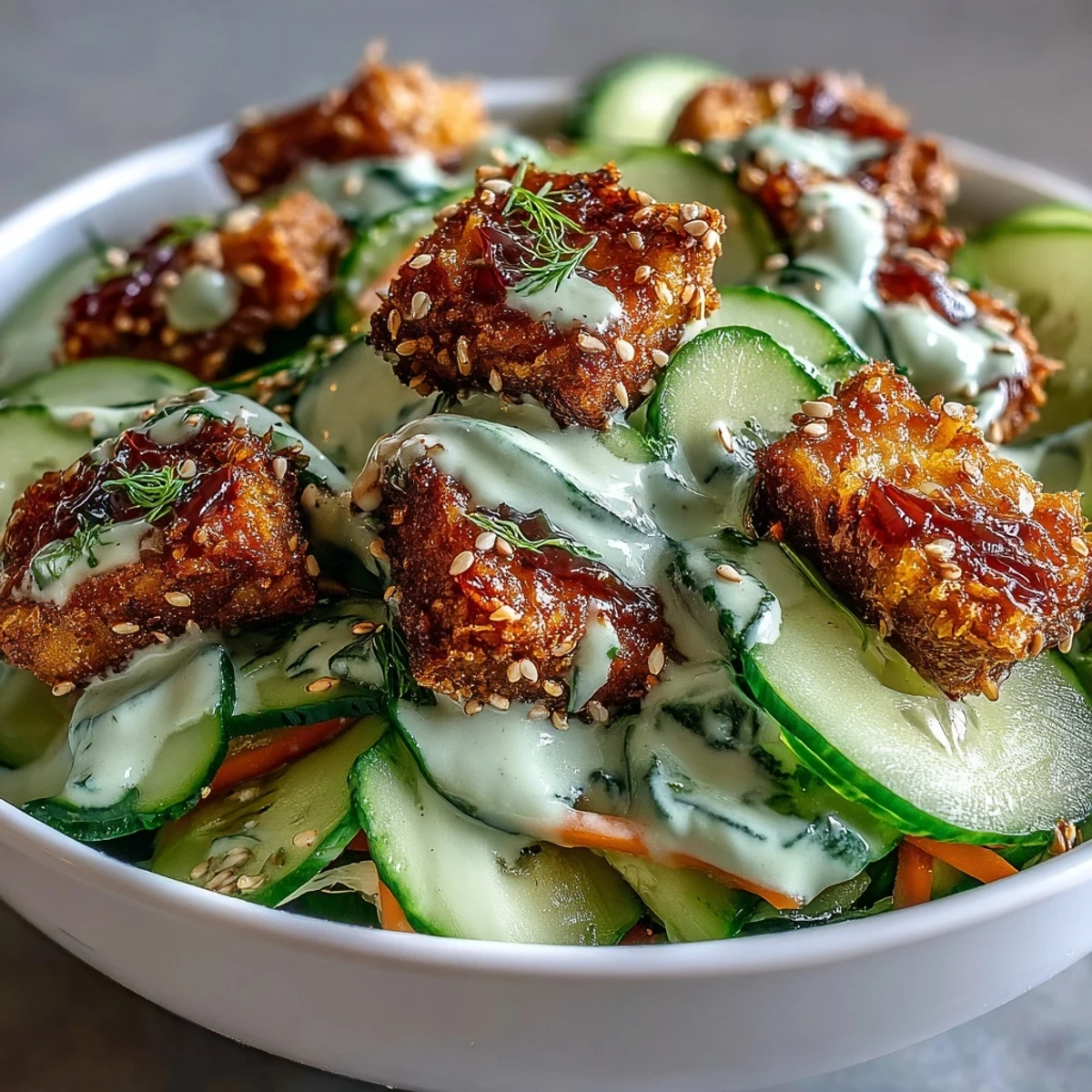 Creamy Asian Cucumber Salad with Crispy Tofu showcases crunchy vegetables and golden protein-packed bites, perfect for a refreshing lunch or light dinner.  