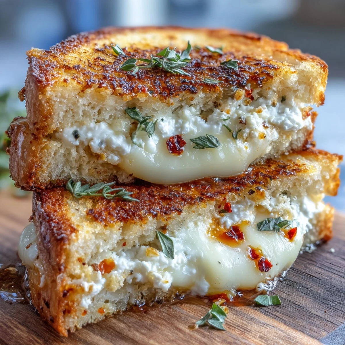 Golden sourdough grilled cheese with creamy goat cheese, honey, and chili flakes, garnished with thyme on a white plate.  