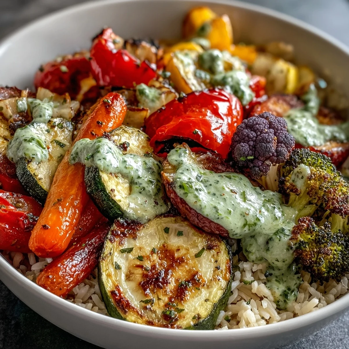 Vibrant roasted multi-colored vegetables and fluffy brown rice in a bowl, drizzled with green herb sauce for a healthy, vegan meal.