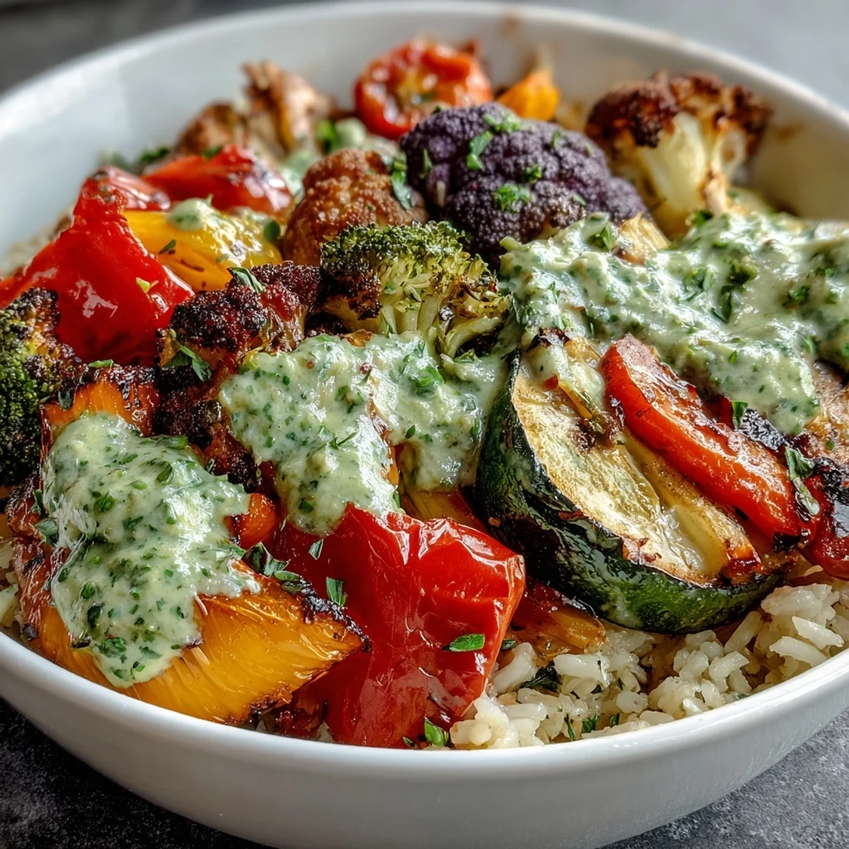 A close-up of the Rainbow Roasted Vegetable Bowl with caramelized bell peppers and zucchini over grains, garnished with fresh parsley.
