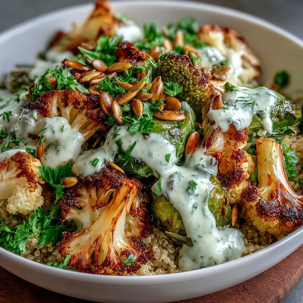 A vibrant Roasted Brassica Bowl features crisp-tender vegetables and a creamy tahini-lemon drizzle over warm hearty grains.