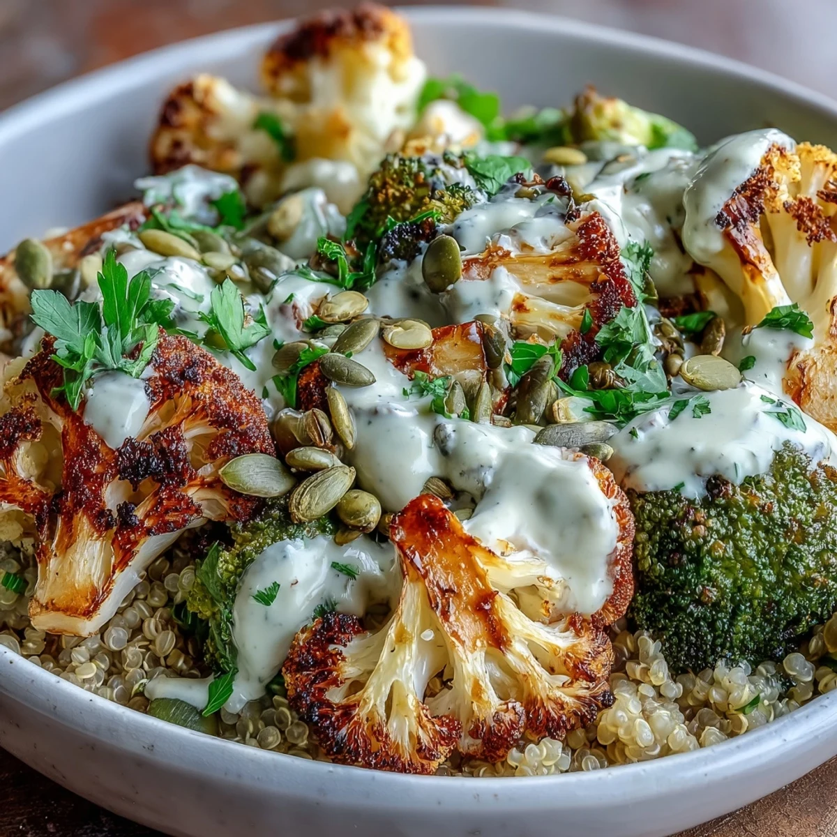 Served with fresh parsley and pumpkin seeds, this hearty Roasted Brassica Bowl is a nourishing vegetarian dinner.