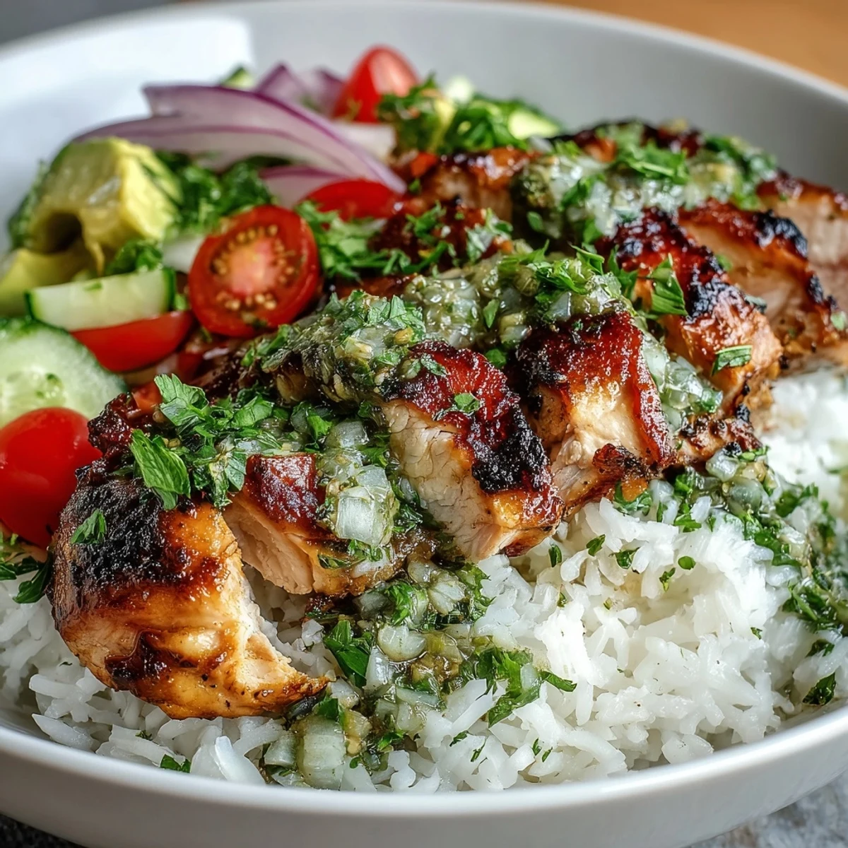 Juicy grilled Chimichurri Chicken Bowl packed with avocado, cherry tomatoes, and fresh herbs, served over fluffy rice with lime wedges.