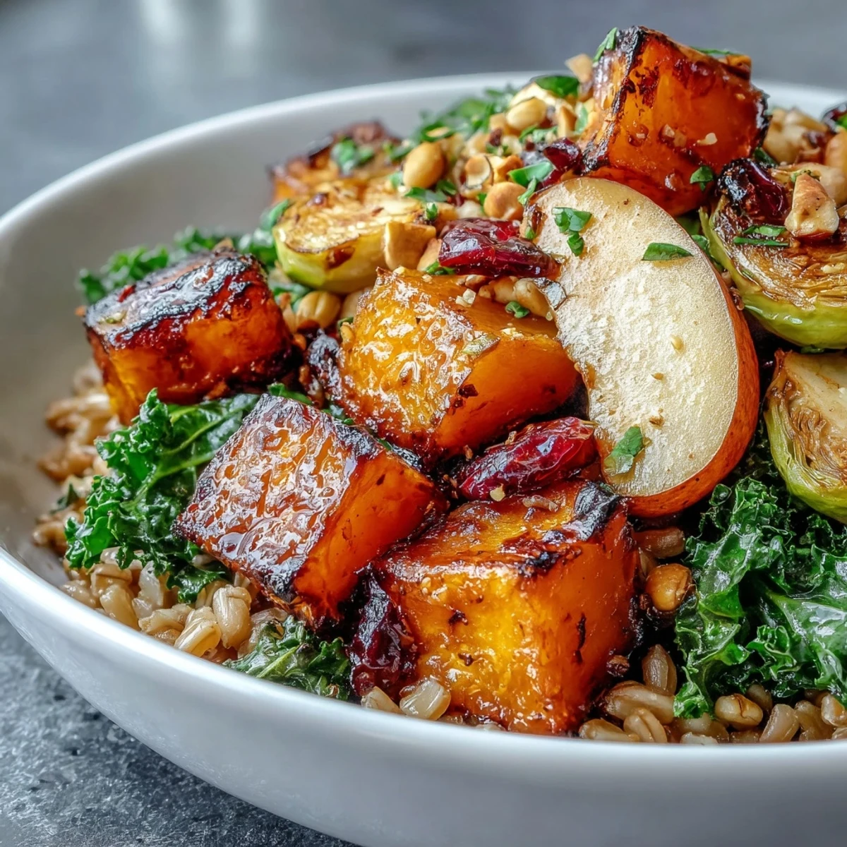 Steamed grains of farro topped with roasted butternut squash and Brussels sprouts in a Fall Vegetable Bowl.