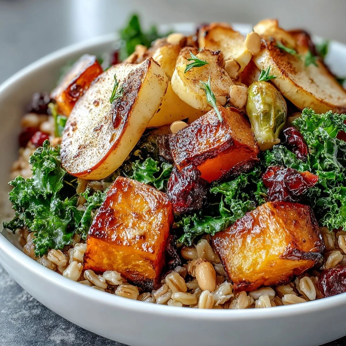 A warm serving of Fall Vegetable Bowl garnished with pumpkin seeds and cranberries, perfect for cozy dinners.