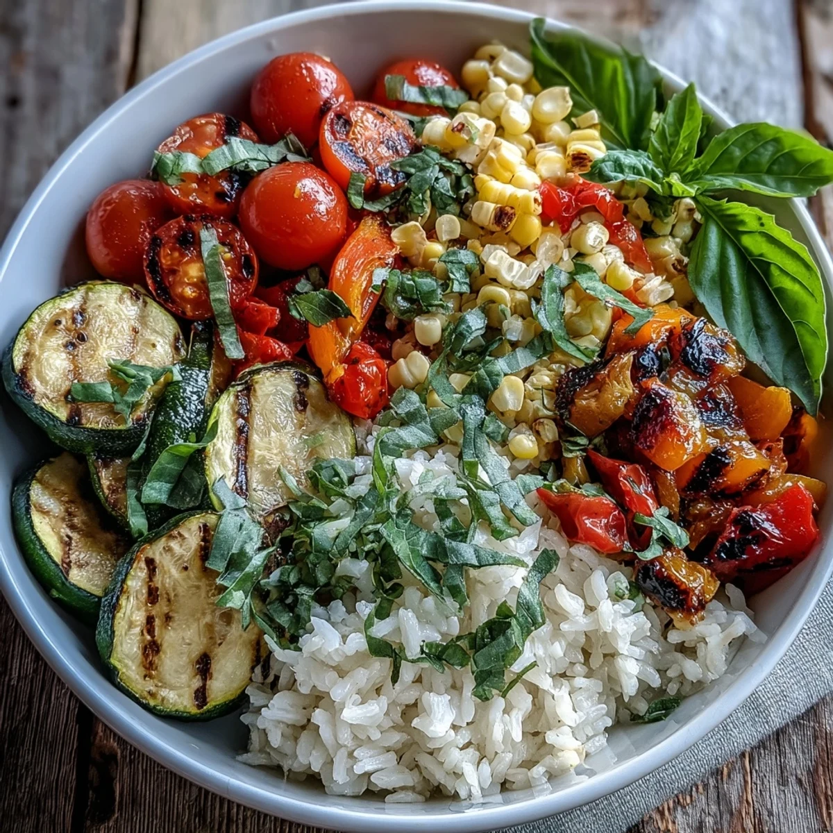 A vibrant Summer Vegetable Bowl features sautéed zucchini, tomatoes, and peppers atop fluffy rice, garnished with fresh basil.