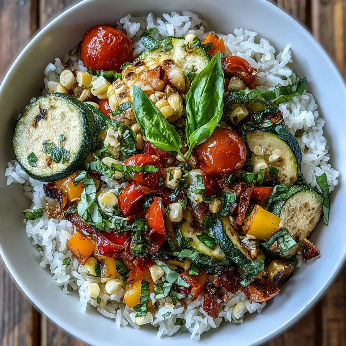Spoon into a warm Summer Vegetable Bowl with tender corn and bright bell peppers, perfect for a light lunch.
