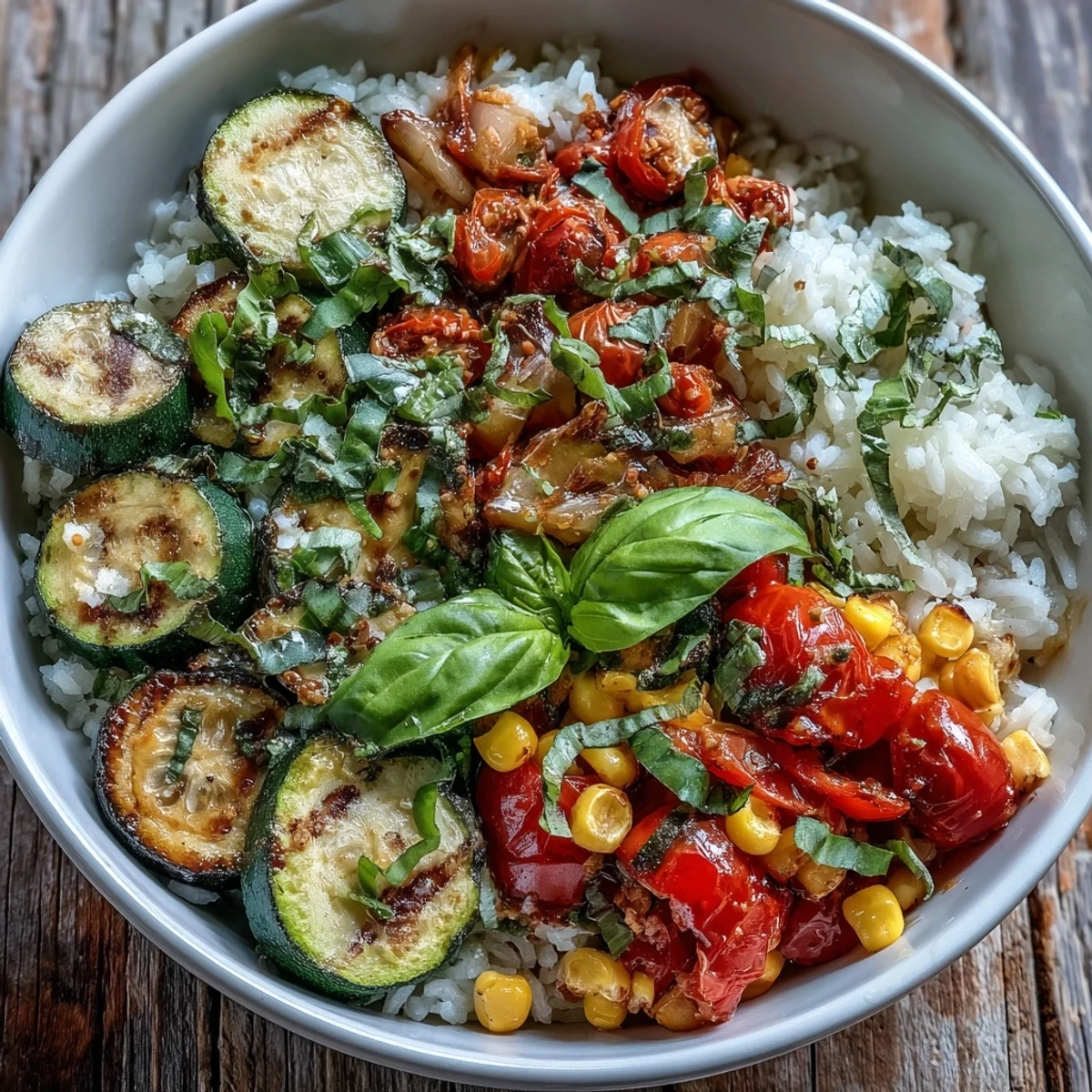 Serve this fresh Summer Vegetable Bowl with juicy tomatoes and zucchini over white rice, finished with a lemon wedge.