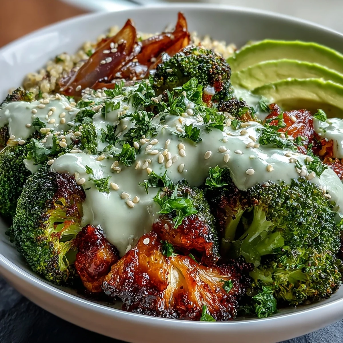 Golden roasted broccoli florets and red onions sit on fluffy quinoa in a ceramic bowl, finished with a creamy tahini sauce drizzle and fresh parsley.