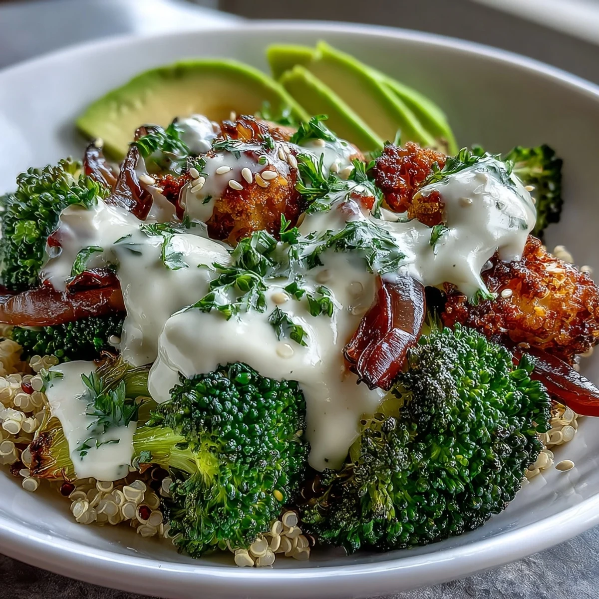 Crispy roasted broccoli and caramelized red onions topped with avocado slices and sesame seeds make a vibrant, vegan Mediterranean-inspired Roasted Broccoli Bowl.