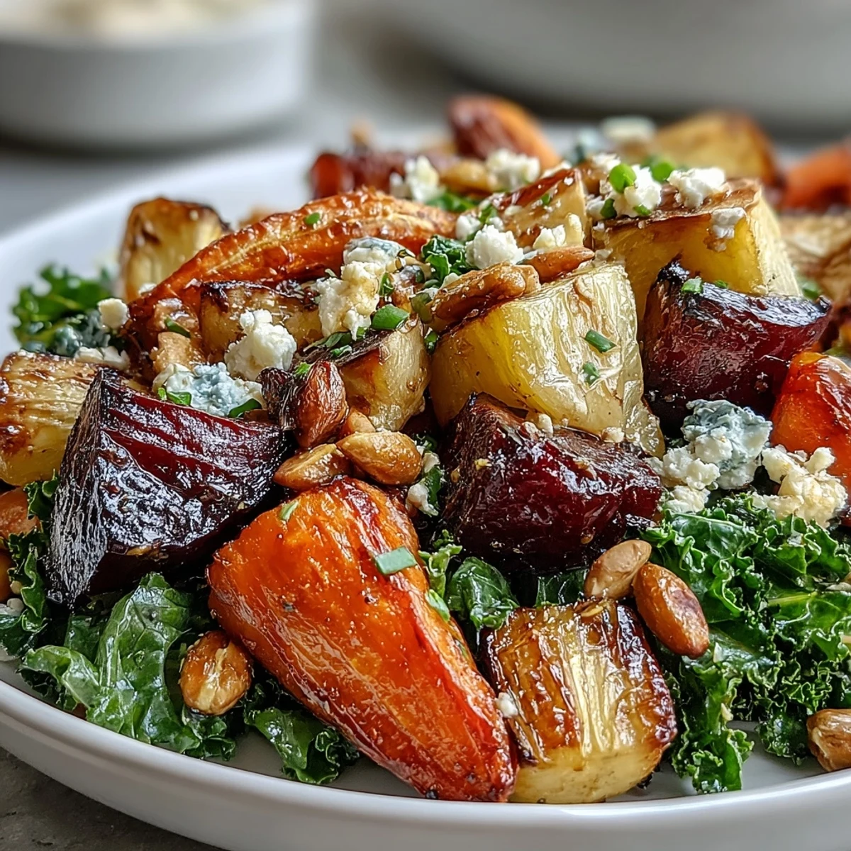 Roasted carrots, parsnips, and sweet potatoes star in this cozy Winter Root Vegetable Bowl with massaged kale and warm dressing.