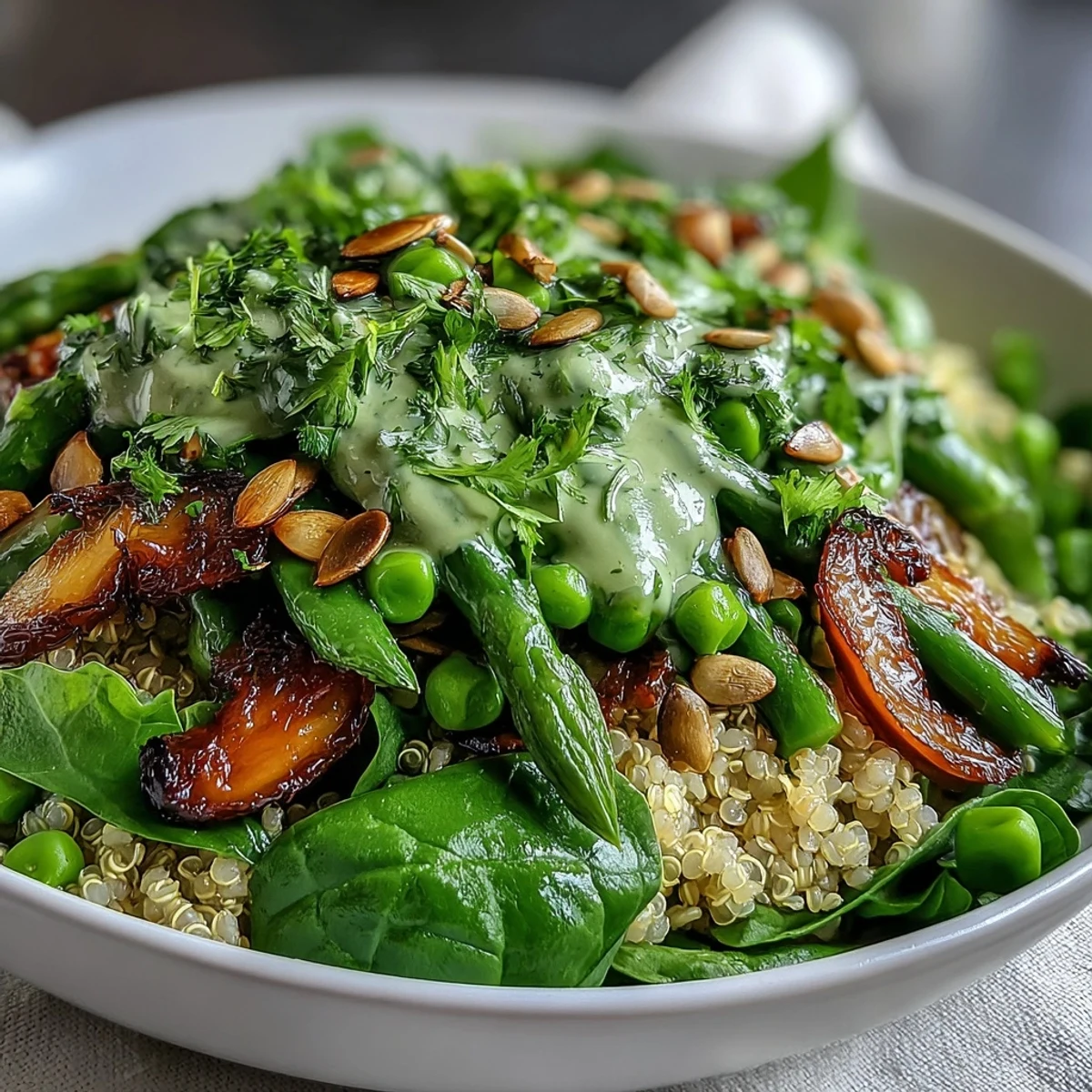 A bright overhead shot of Spring Green Bowl with quinoa, blanched asparagus, peas, and spinach topped with seeds and lemon dressing.